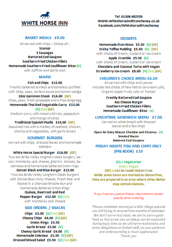 Menu White Horse Inn Litton Cheney Dorset
